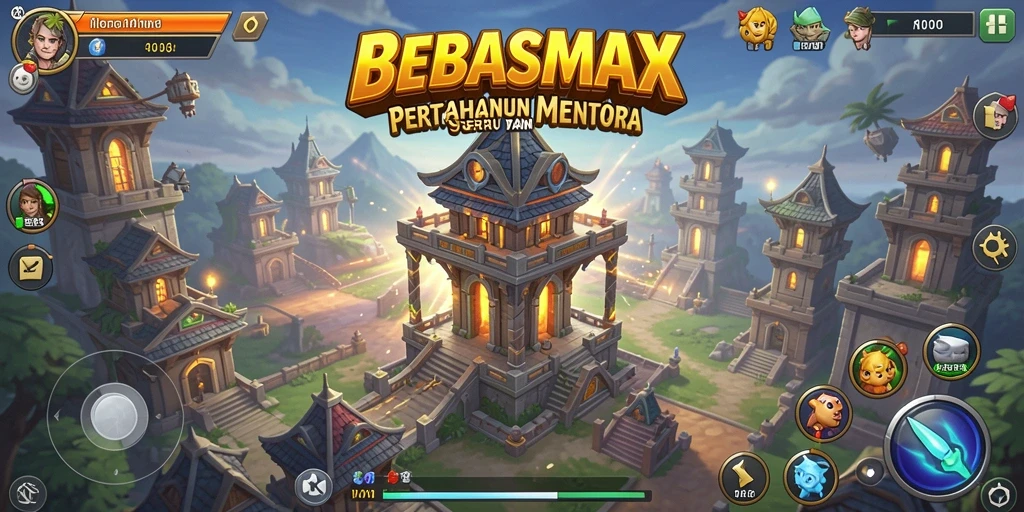 Tampilan gameplay menara pertahanan yang intens di BEBASMAX.