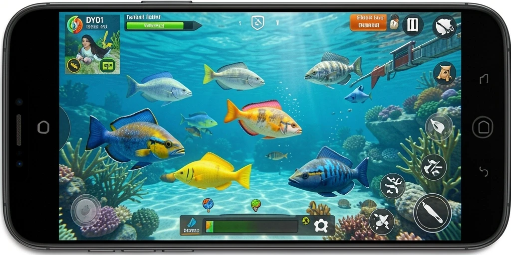 Tampilan gameplay seru Tembak Ikan di DY01 yang penuh warna.