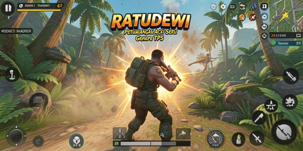 Screenshot utama gameplay <strong>RATUDEWI</strong> menunjukkan aksi tembak-menembak yang intens.